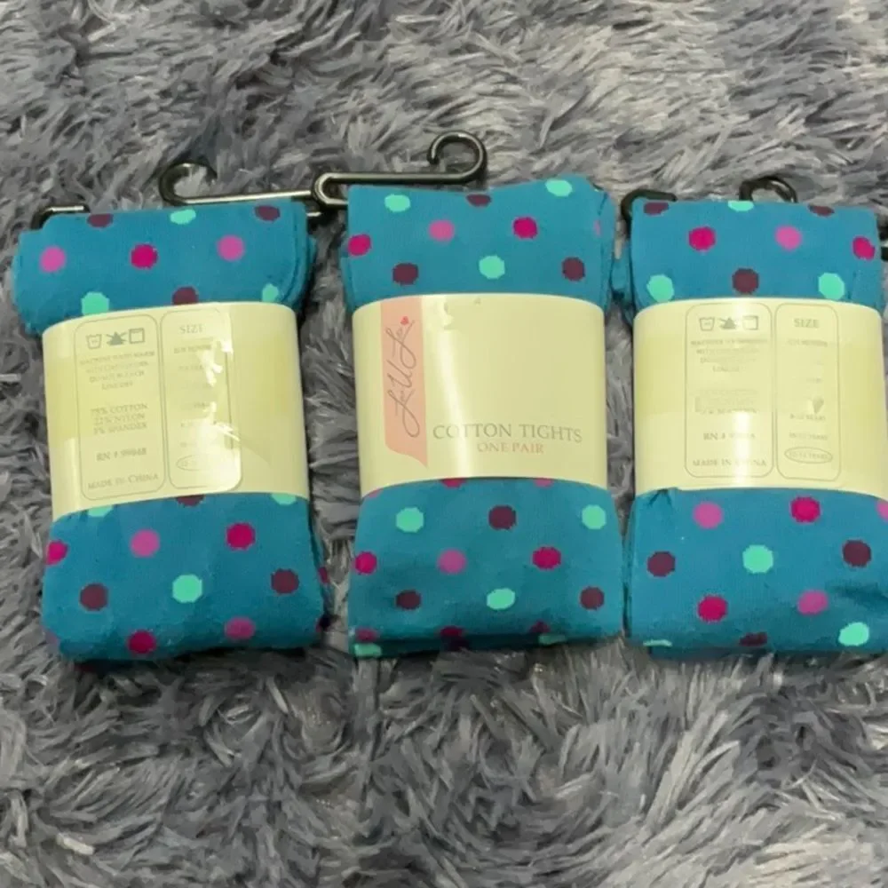 Love U Lots Little Girls 12/14 Blue Polka Dot Cotton Tights - New